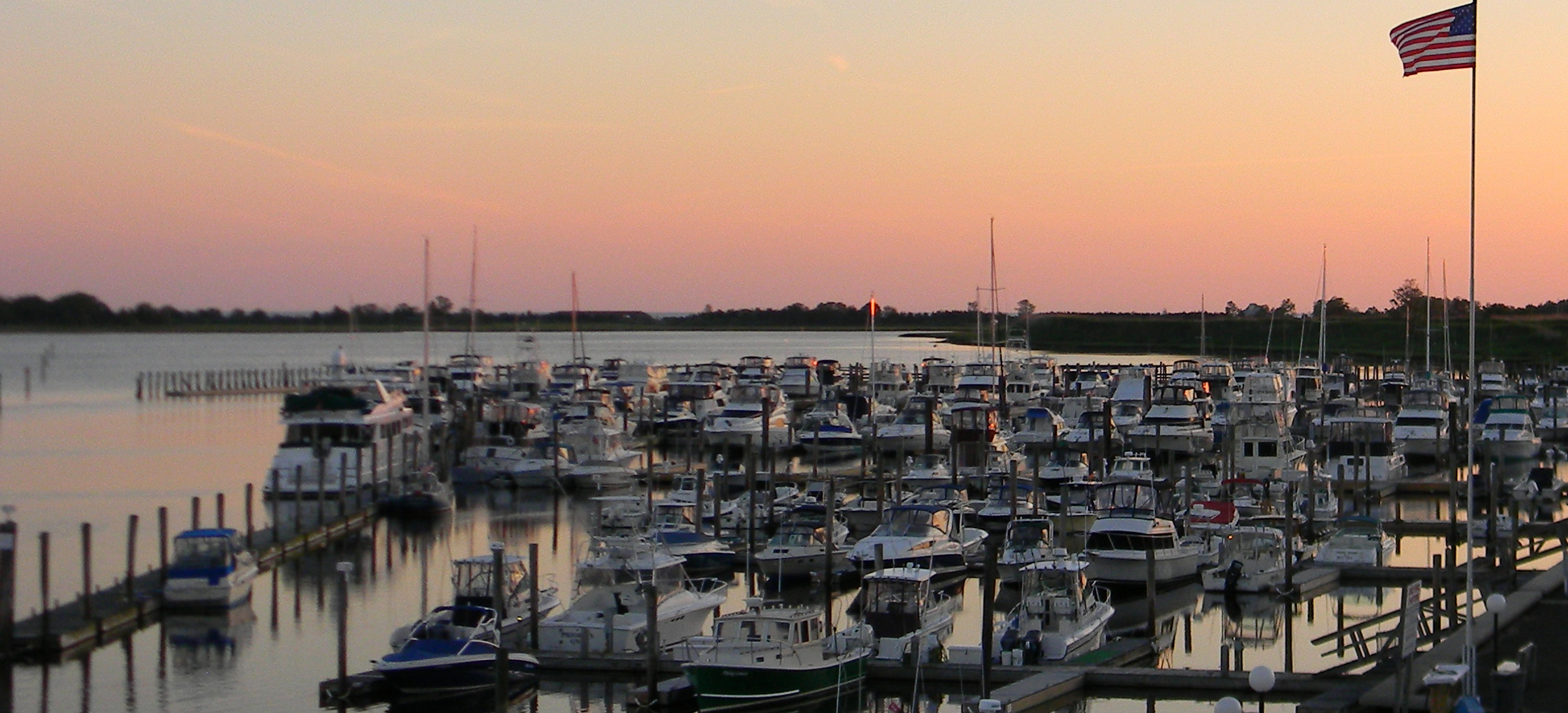 View of Cedar Island Marina as the sun starts to set